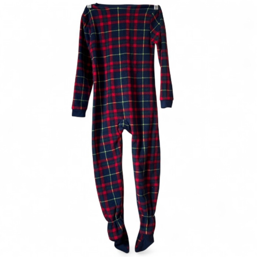 Lands' End Kids Footed Fleece Sleeper in Red Dark Navy Plaid size 5T - Picture 2 of 7